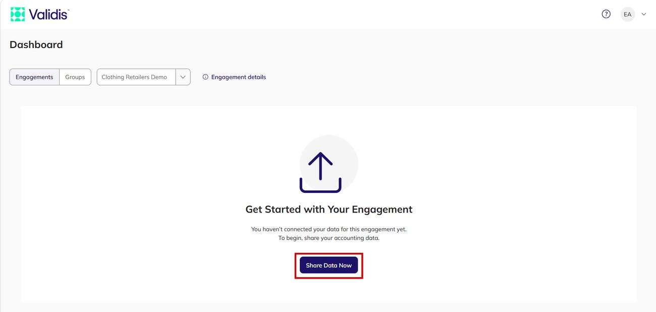 The Validis dashboard with the Share Data Now button
