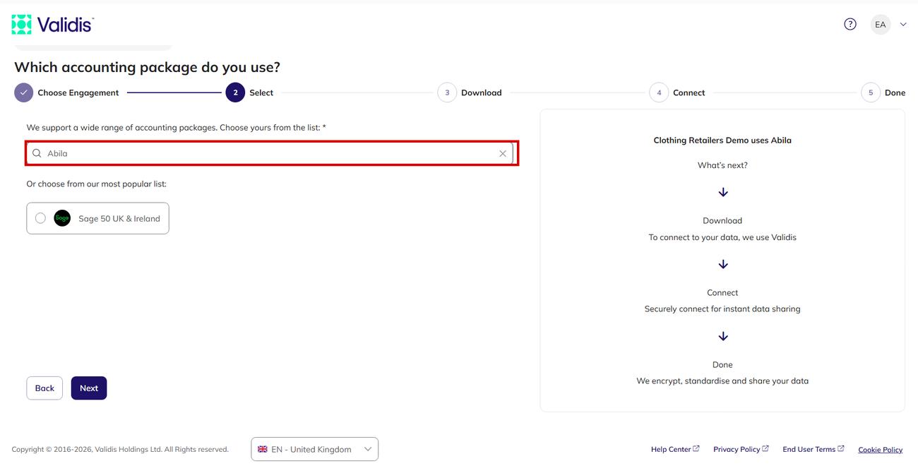 The accounting package step with Abila selected