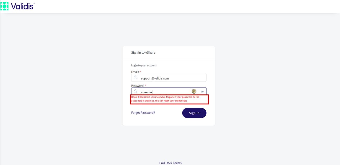 The Validis sign in page showing the locked account error message