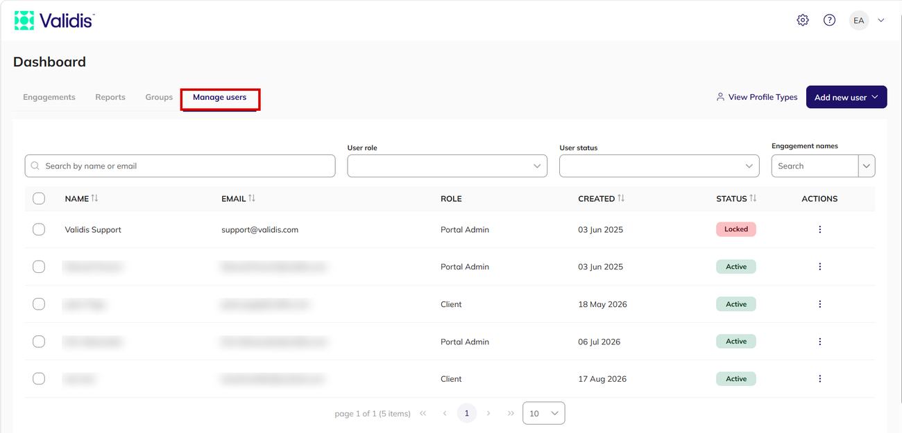 The dashboard with the Manage users tab selected, showing the user list