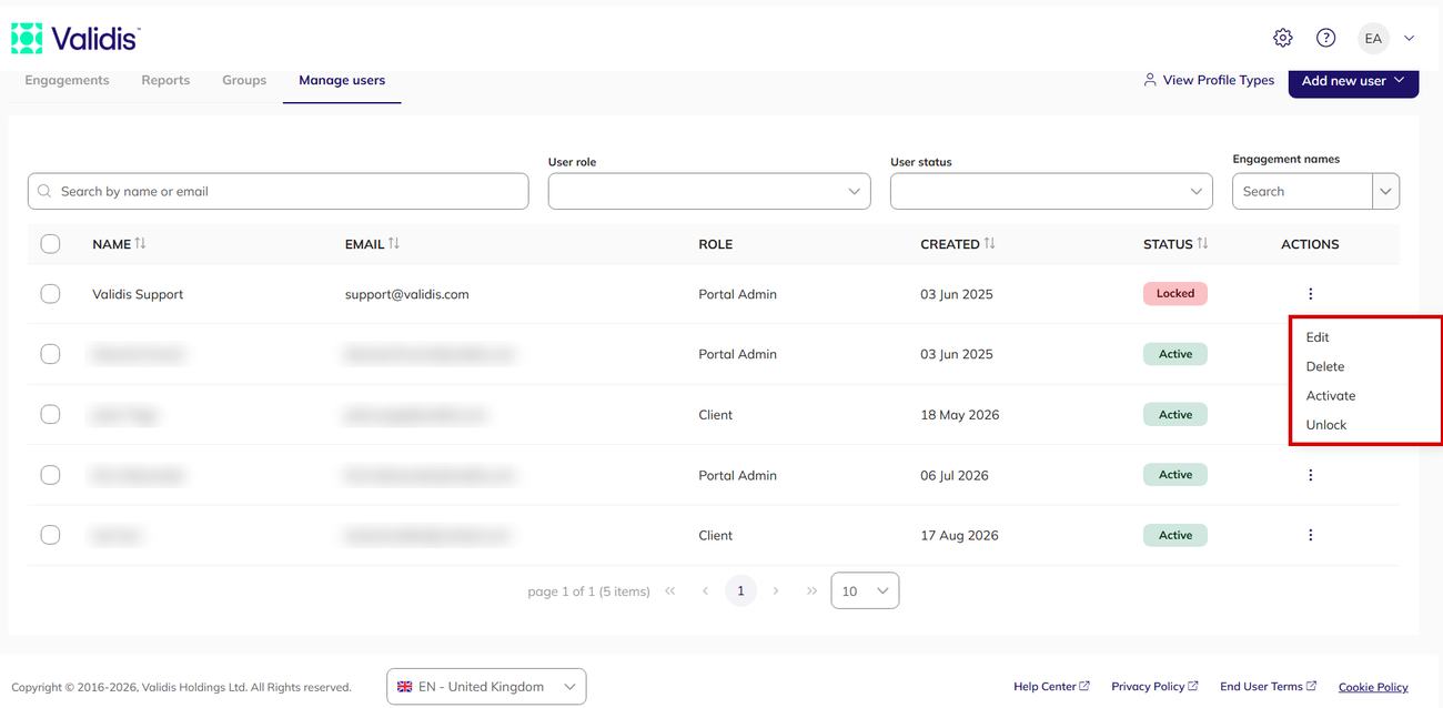 The Actions menu open on a locked user, showing Edit, Delete, Activate and Unlock