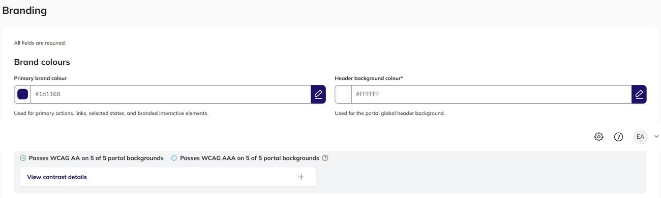 The Brand colours section showing the primary brand colour and header background colour fields