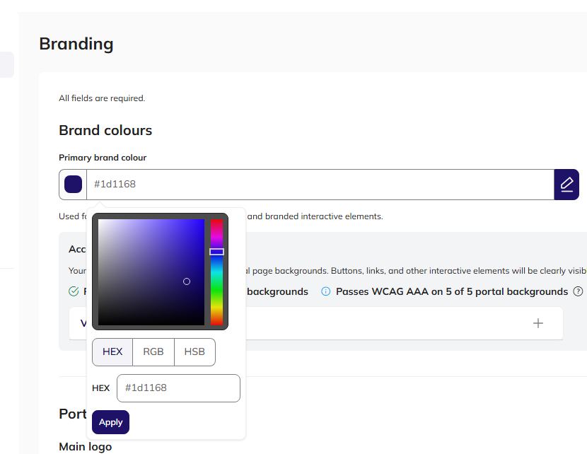 The colour picker open on the primary brand colour, with HEX, RGB and HSB tabs and an Apply button