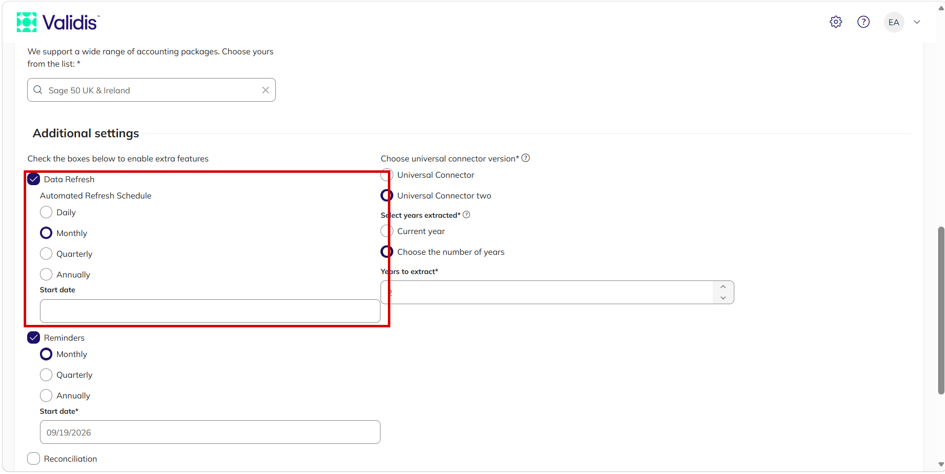 Additional settings with the Data Refresh tick box, the Automated Refresh Schedule options and the Start date field highlighted