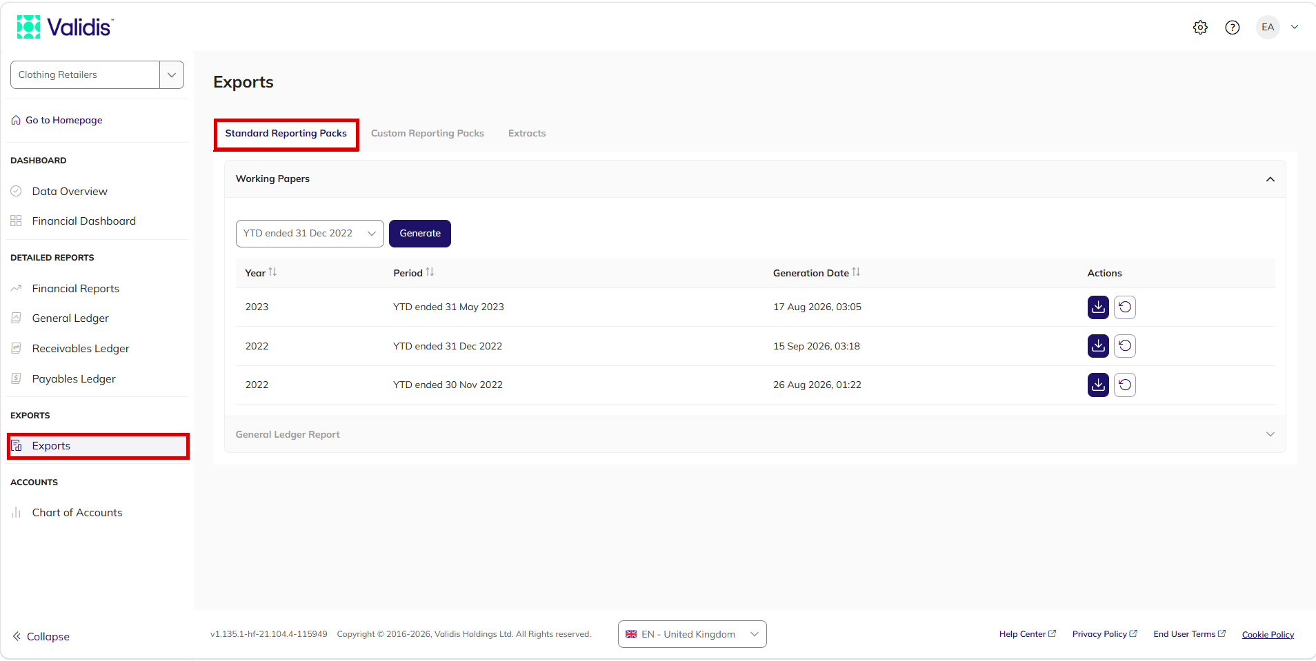 Exports page with the Standard Reporting Packs tab selected, showing the Working Papers period selector, Generate button and a list of generated packs