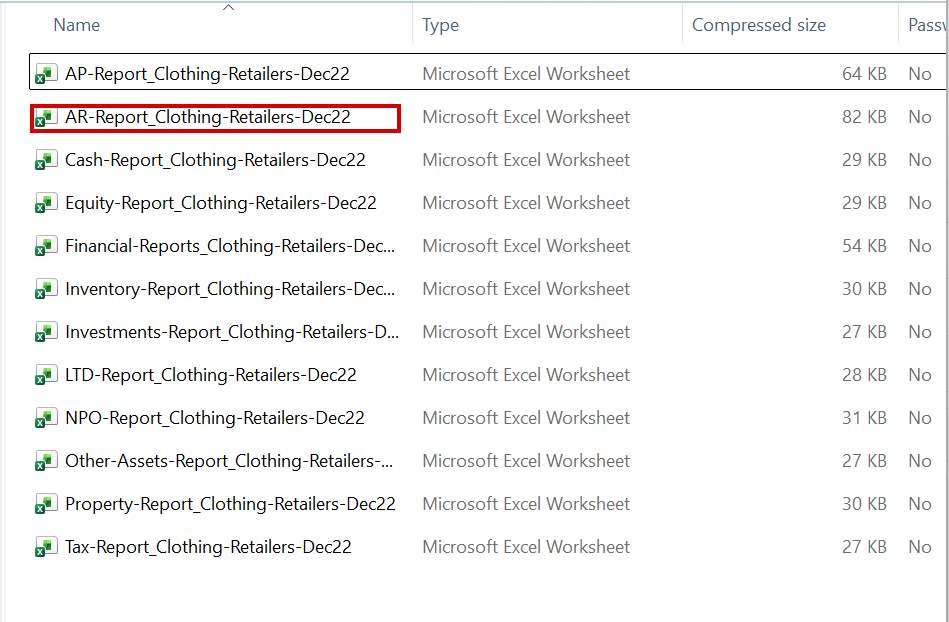 Contents of the workpapers zip file listing Excel workbooks for AP, AR, Cash, Equity, Financial Reports, Inventory, Investments, LTD, NPO, Other Assets, Property and Tax