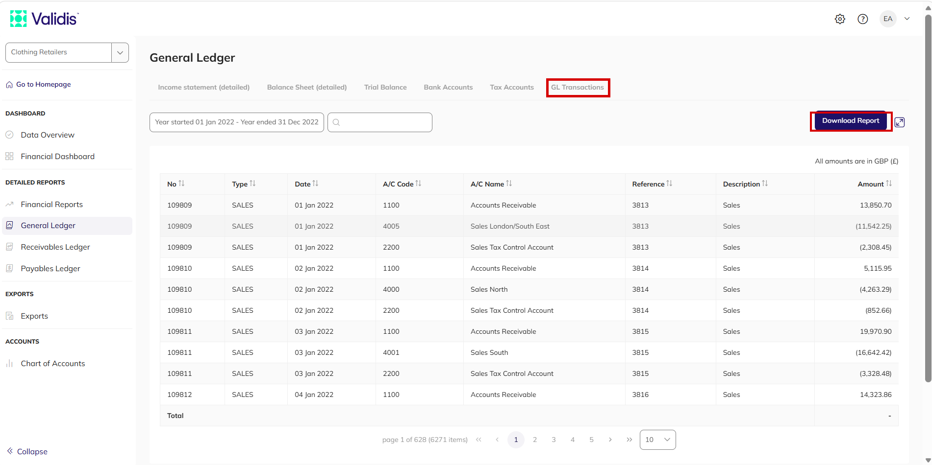 GL Transactions tab in the General Ledger section listing journal lines with transaction number, type, date, account code and name, reference, description and amount
