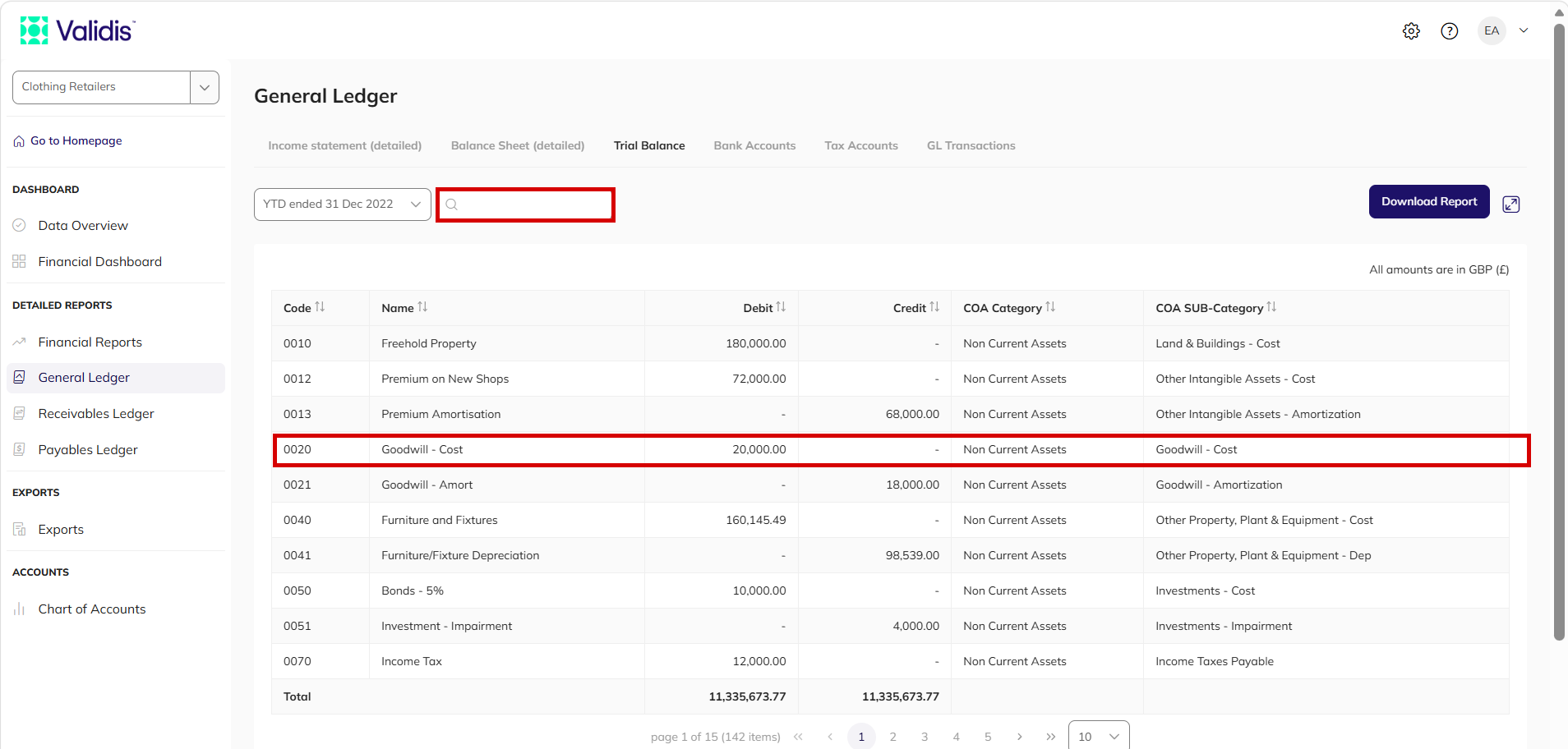 Trial Balance with the search box highlighted and a single account row highlighted in the results