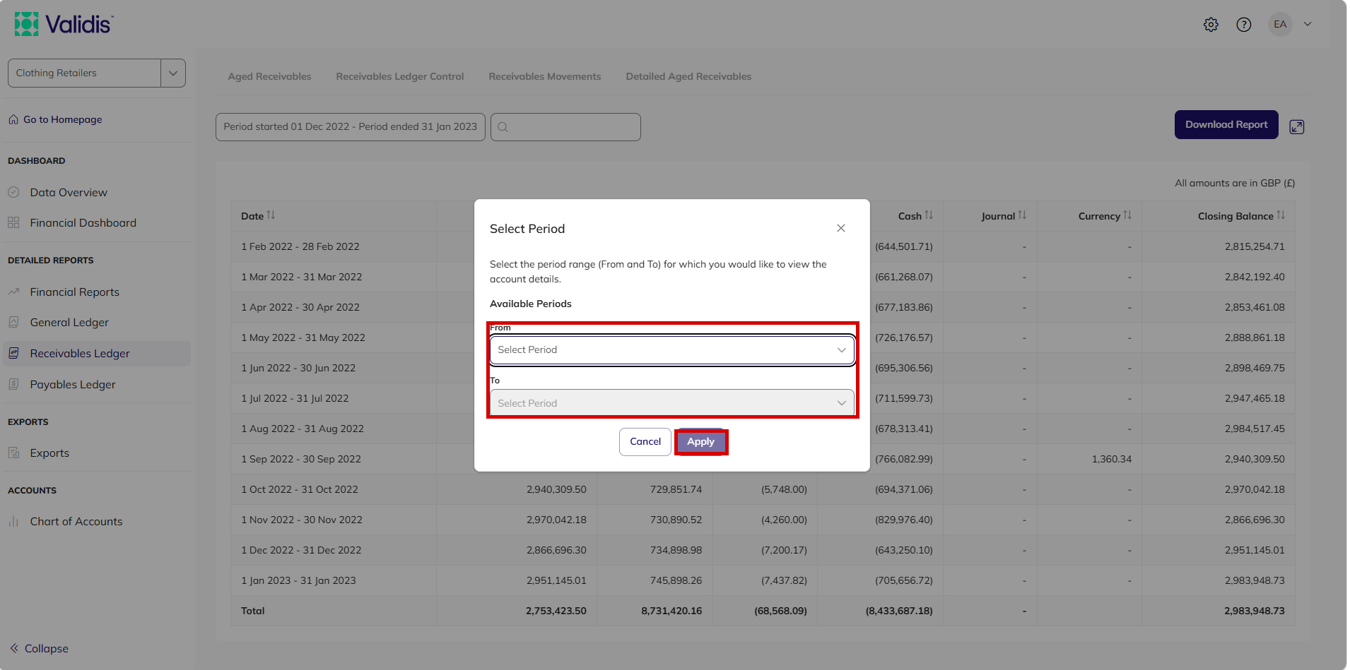 Select Period dialog on a ledger report with From and To period selectors and the Apply button