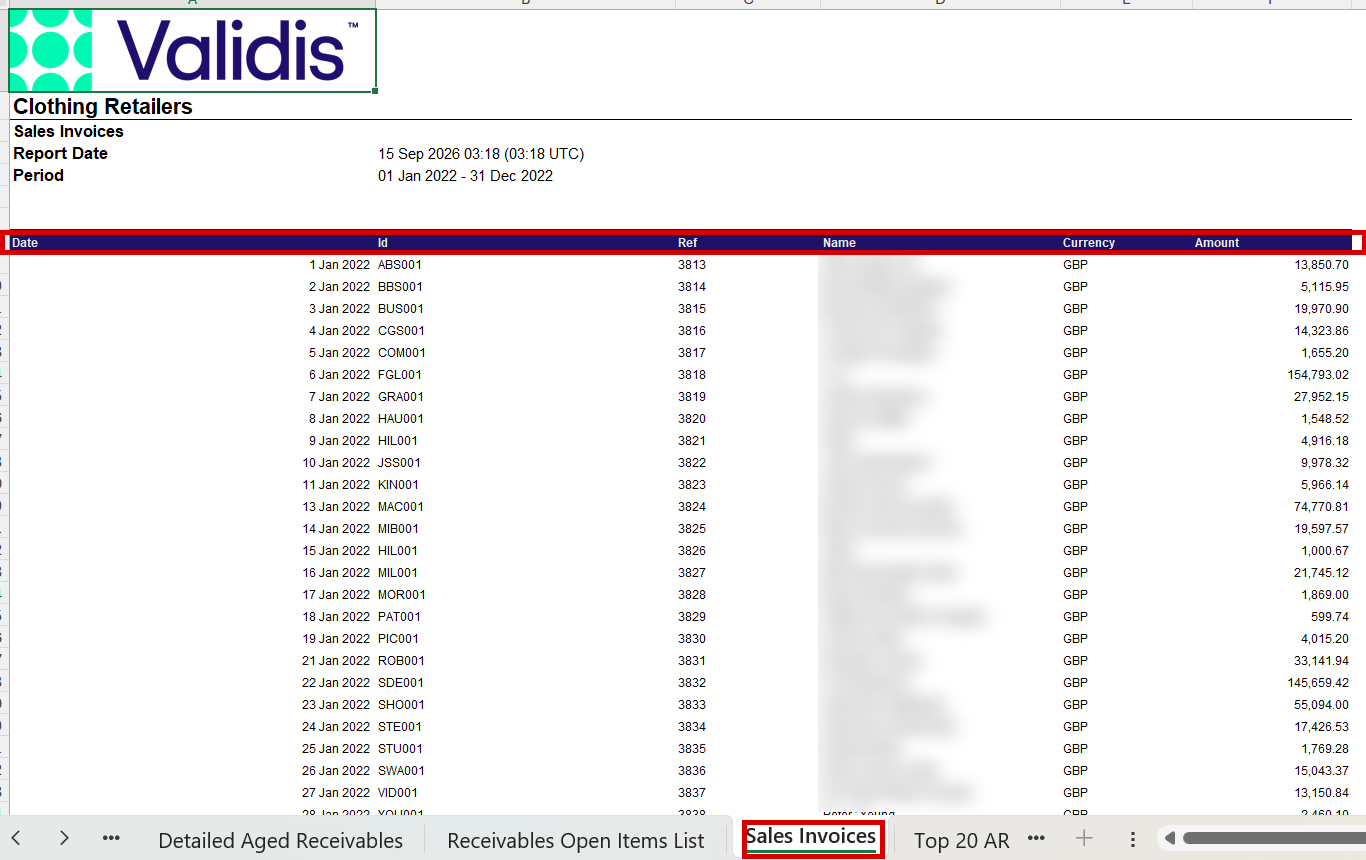 Sales Invoices sheet in the AR-Report workbook, listing revenue transactions by date with reference, currency and amount, the sheet tab highlighted