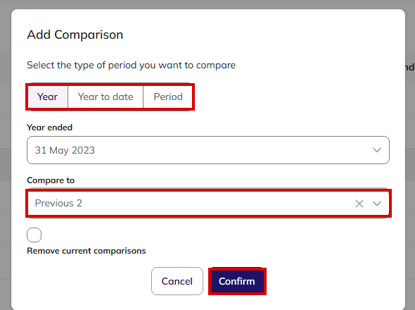 Add Comparison dialog with Year, Year to date and Period tabs, a date selector, a Compare to selector and the Confirm button