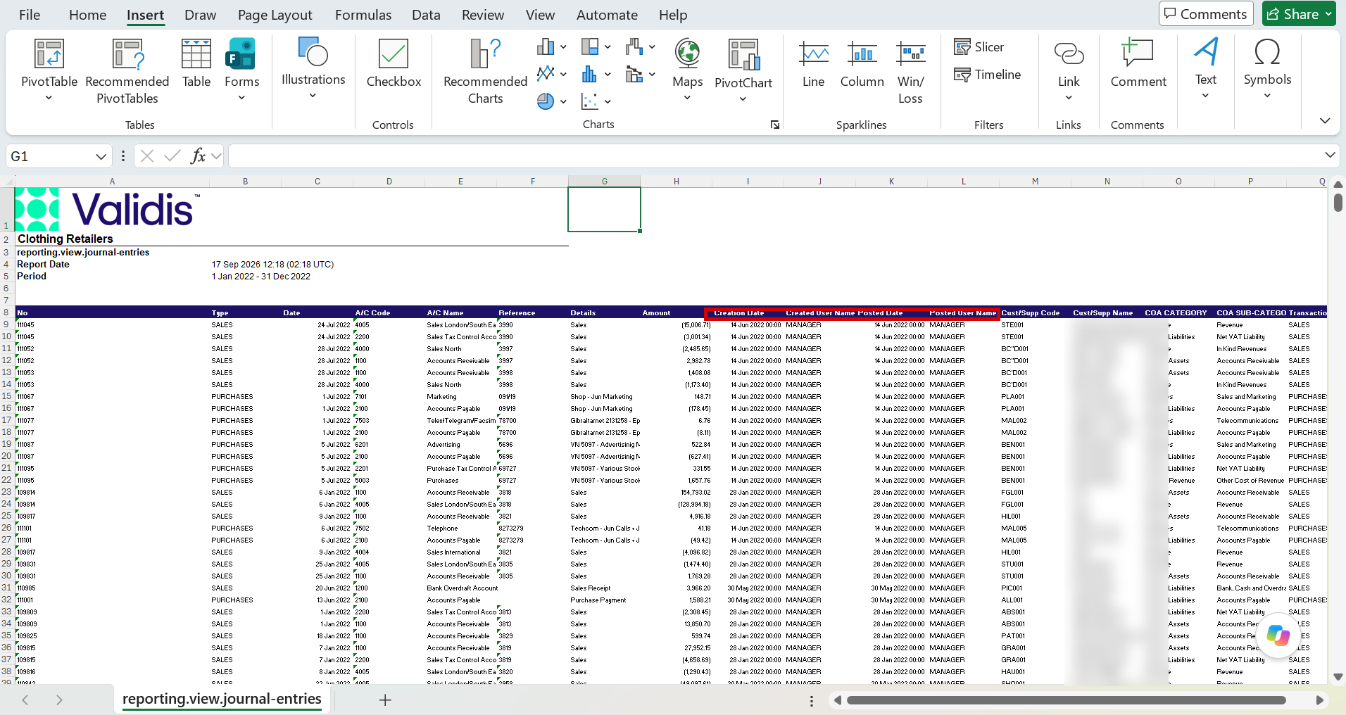 General ledger transactions export open in Excel, showing columns for creation date, created user name, posted date, posted user name and COA category