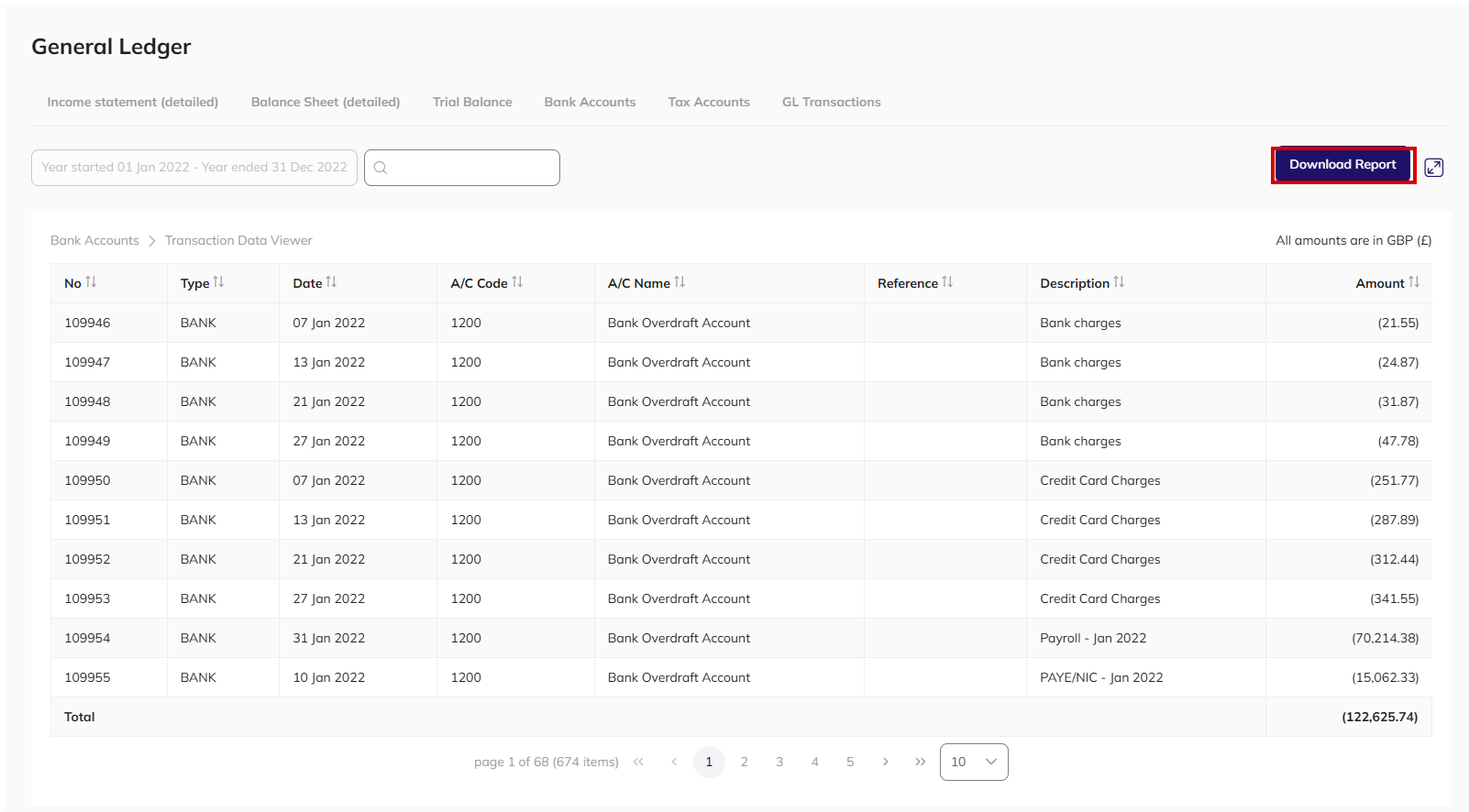 Transaction Data Viewer for a bank account listing individual entries with dates, descriptions and amounts, and the Download Report button highlighted