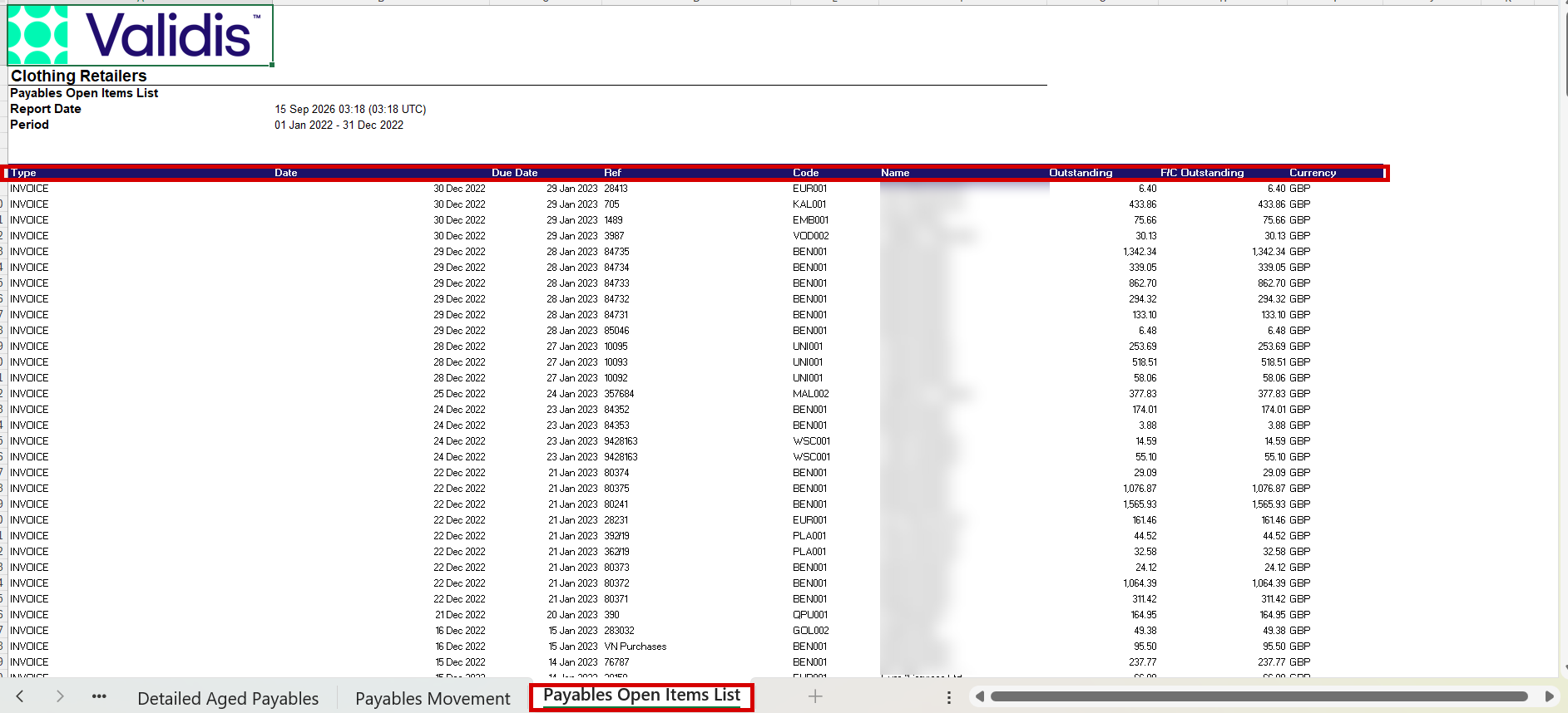 Payables Open Items List sheet in the AP-Report workbook listing outstanding invoices with dates, due dates, references, supplier codes and outstanding amounts, supplier names blurred