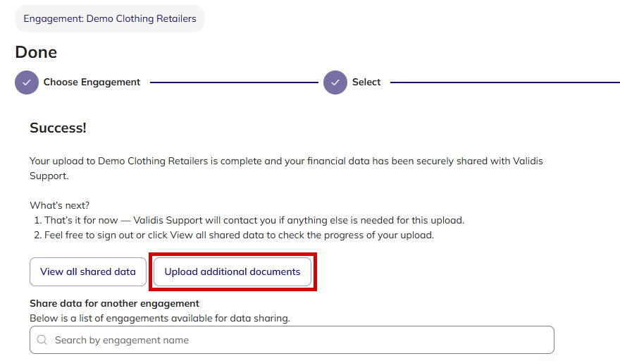 Done step of the data share with the Upload additional documents button highlighted