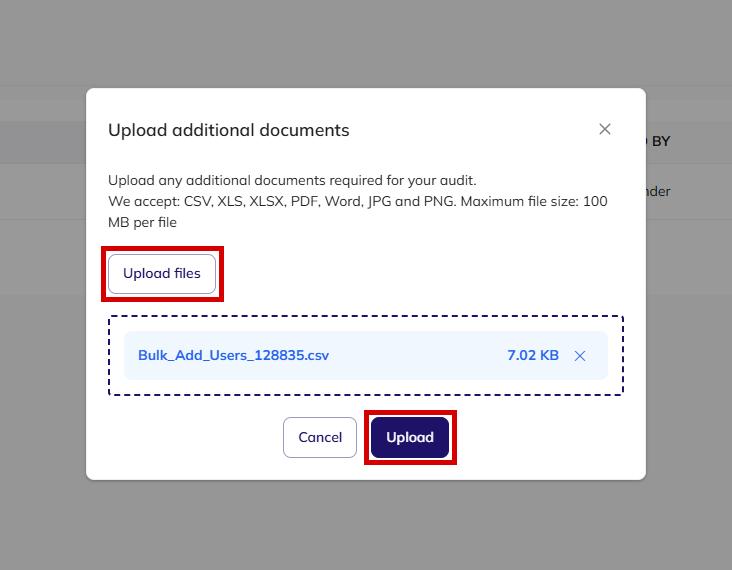 Upload additional documents window with a file added and the Upload files and Upload buttons highlighted