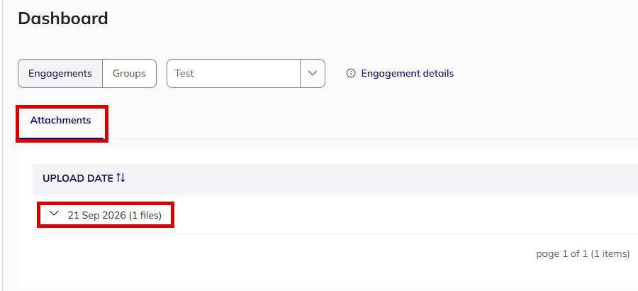 Dashboard Attachments tab with an upload date highlighted